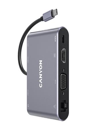USB elosztó-HUB, USB-C/USB 3.0/HDMI/VGA/Ethernet/audio, CANYON DS-14