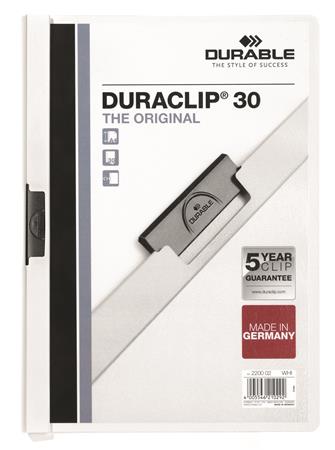 Gyorsfűző, klipes, A4, DURABLE DURACLIP® 30, fehér