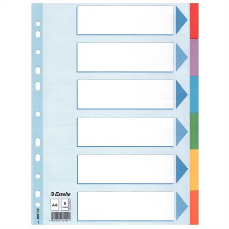 Regiszter, karton, A4, 6 részes, írható előlappal, ESSELTE Standard, színes