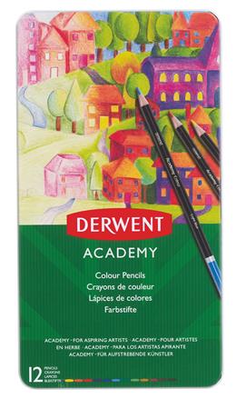 Színes ceruza készlet, fém doboz, DERWENT Academy, 12 különböző szín