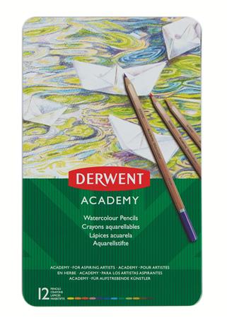Akvarell ceruza készlet, fém doboz, DERWENT Academy, 12 különböző szín