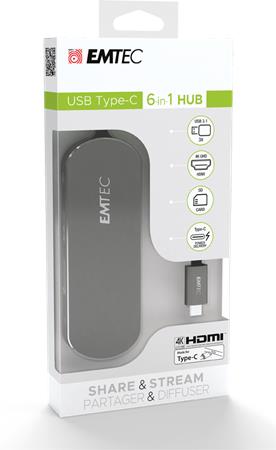 USB elosztó-HUB, USB-C/USB 3.1/HDMI/SD kártya, EMTEC T650C