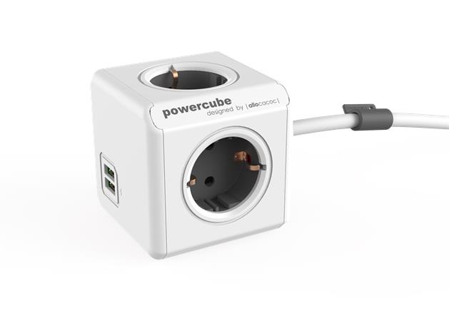 Elosztó, 4 aljzat, 2 USB csatlakozó, 1,5 m kábelhosszúság, ALLOCACOC PowerCube Extended USB DE, fehér-szürke