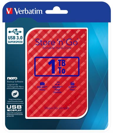 2,5 HDD (merevlemez), 1TB, USB 3.0, VERBATIM Store n Go, piros