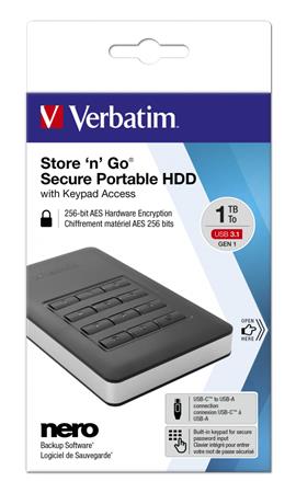 2,5 HDD (merevlemez), 1TB, USB 3.1, jelszavas titkosítás, VERBATIM Secure Portable, fekete