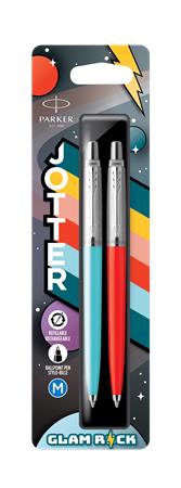 Golyóstoll szett, 0,7 mm, ezüst színű klip, piros és kék tolltest, PARKER Jotter Glam Rock, kék