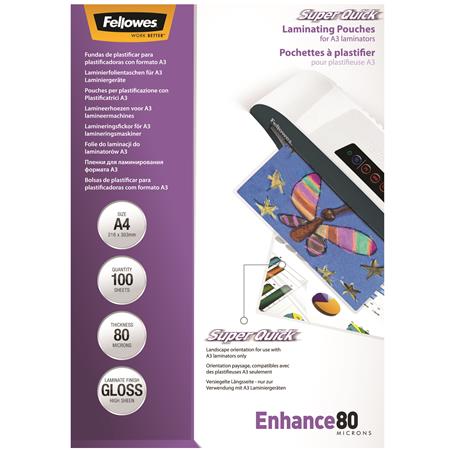 Fellowes A4 fényes SuperQuick meleglamináló fólia | 80 mikron | 100 db