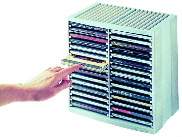 CD-tároló, automata kiemelőrendszerű, 30+18 db-os, FELLOWES Spring, platinaszürke