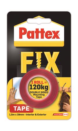 Ragasztószalag, kétoldalas, 19 mm x 1,5 m, HENKEL Pattex Fix 120 kg,  piros