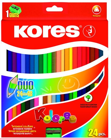 Színes ceruza készlet, kétvégű, háromszögletű, KORES Duo, 48 különböző szín