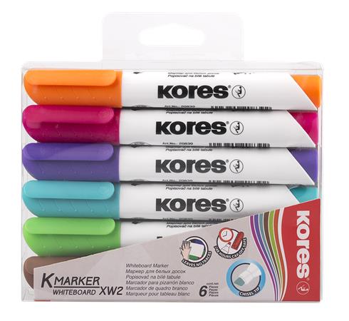 Tábla- és flipchart marker készlet, 1-3 mm, vágott, KORES K-Marker, 6 különböző szín