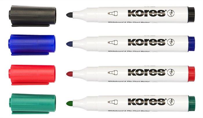 Tábla- és flipchart marker készlet, 1-3 mm, kúpos, KORES K-Marker, 4 különböző szín