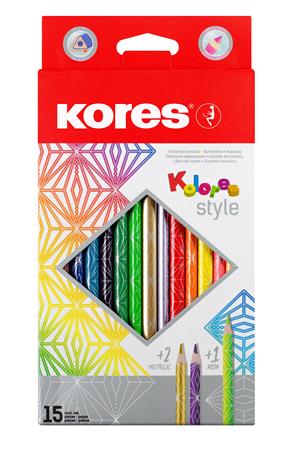 Színes ceruza készlet, háromszögletű, KORES Kolores Style, 15 különböző szín