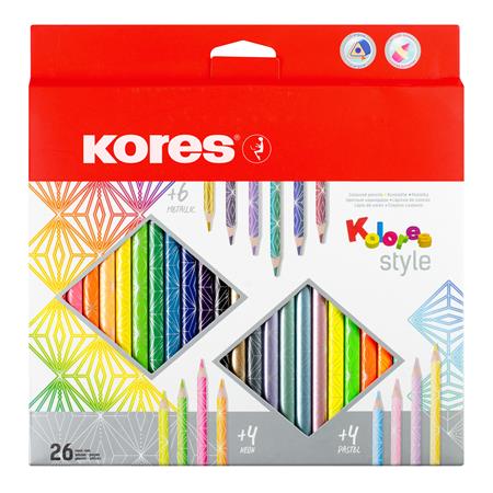 Színes ceruza készlet, háromszögletű, KORES Kolores Style, 26 különböző szín