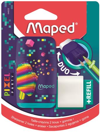 Hegyező és radír, kétlyukú, tartályos, pótradírral, MAPED Pixel Party Connect