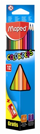 Színes ceruza készlet, háromszögletű, hegyezővel, MAPED Color`Peps Star, 12 különböző szín