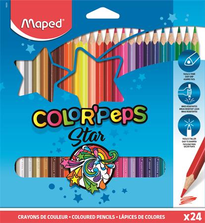 Színes ceruza készlet, háromszögletű, MAPED Color`Peps Star, 24 különböző szín