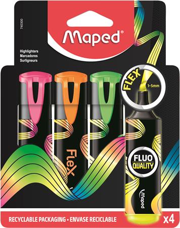 Szövegkiemelő készlet, 1-5 mm, MAPED Fluo Peps Flex, 4 különböző szín