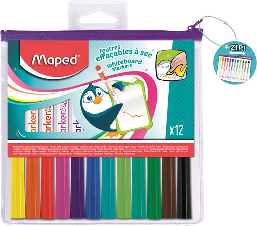 Táblamarker készlet, 1,5 mm, kimosható, fehértáblához, MAPED Marker`Peps, 12 különböző szín