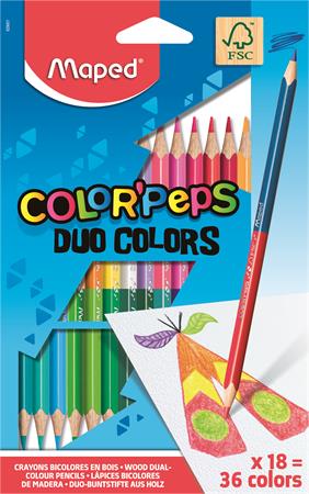 Színes ceruza készlet, háromszögletű, kétvégű, MAPED Color`Peps Duo, 36 különböző szín