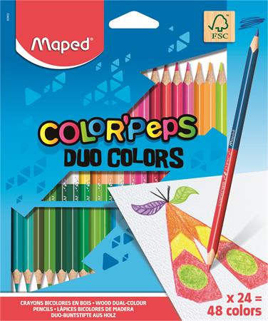 Színes ceruza készlet, háromszögletű, kétvégű, MAPED Color`Peps Duo, 48 különböző szín