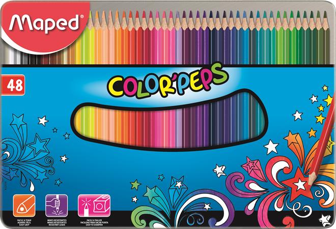 Színes ceruza készlet, háromszögletű, fém doboz, MAPED Color`Peps Star, 48 különböző szín