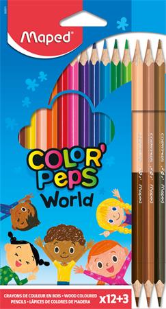 Színes ceruza készlet, háromszögletű, MAPED Color`Peps World, 12 különböző szín + 3 kétvégű bőrtónus ceruza