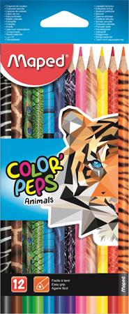 Színes ceruza készlet, háromszögletű, MAPED Color`Peps Animal, 12 különböző szín