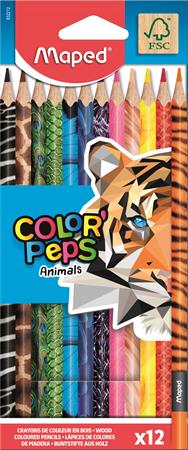 Színes ceruza készlet, háromszögletű, MAPED Color`Peps Animal, 12 különböző szín