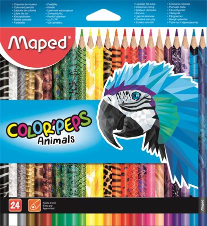 Színes ceruza készlet, háromszögletű, MAPED Color`Peps Animal, 24 különböző szín