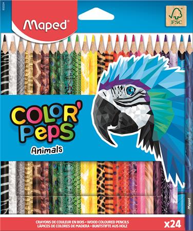 Színes ceruza készlet, háromszögletű, MAPED Color`Peps Animal, 24 különböző szín