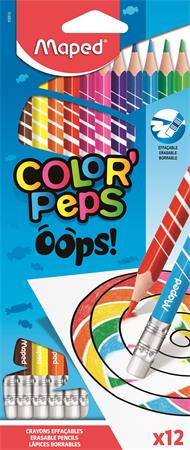 Színes ceruza készlet, háromszögletű, radírozható, MAPED Color`Peps Oops, 12 különböző szín