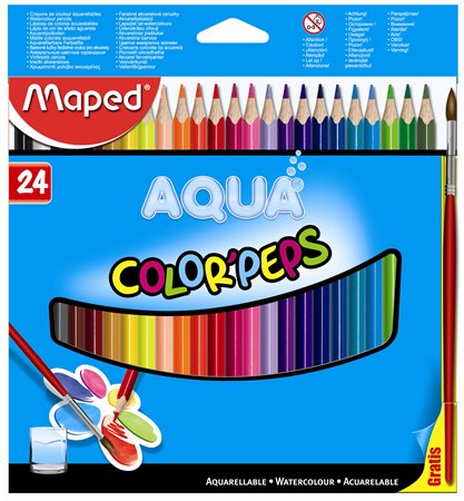 Akvarell ceruza készlet, háromszögletű, ecsettel, MAPED Color`Peps, 24 különböző szín