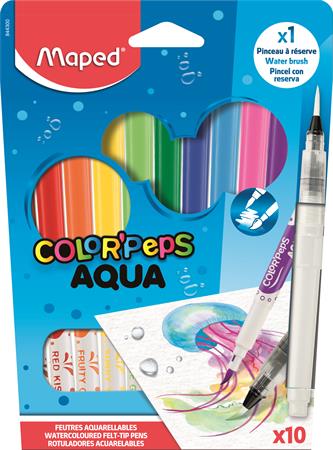 Akvarell filctoll készlet, 3,6 mm, ecsettel, MAPED Color`Peps Aqua, 10 különböző szín