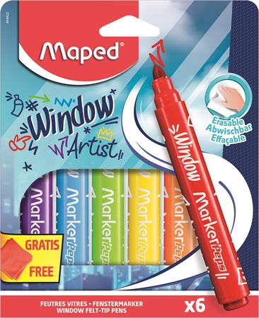 Ablakfilc készlet, vastag, törlőkendővel, 5 mm, MAPED Marker`Peps, 6 különböző szín