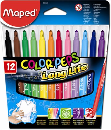 Filctoll készlet, 1-3,6 mm, kimosható, MAPED Color`Peps Long Life, 12 különböző szín