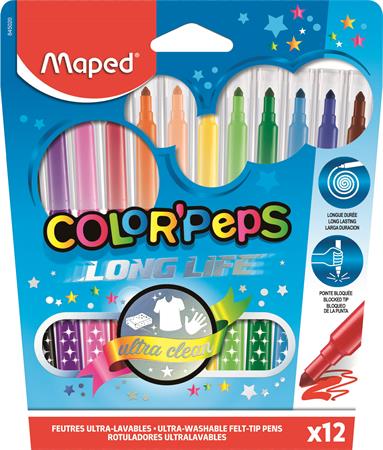 Filctoll készlet, 1-3,6 mm, kimosható, MAPED Color`Peps Long Life, 12 különböző szín