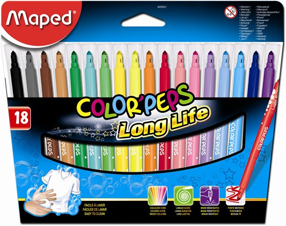 Filctoll készlet, mosható, MAPED Color`Peps Long Life, 18 különböző szín