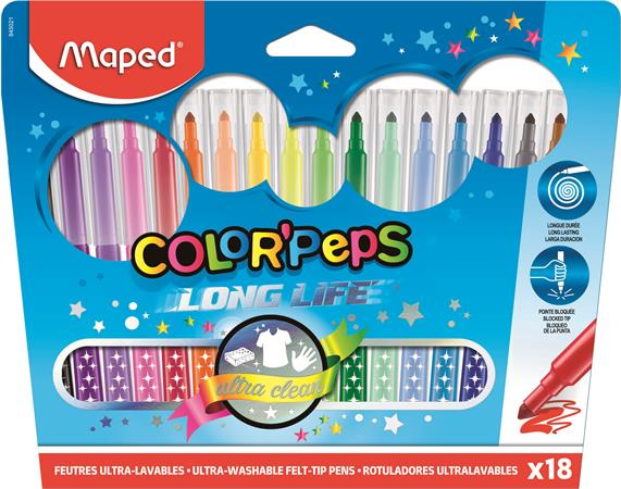 Filctoll készlet, mosható, MAPED Color`Peps Long Life, 18 különböző szín