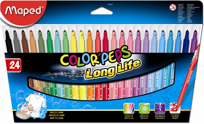 Filctoll készlet, mosható, MAPED Color`Peps Long Life, 24 különböző szín