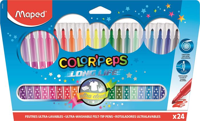 Filctoll készlet, mosható, MAPED Color`Peps Long Life, 24 különböző szín