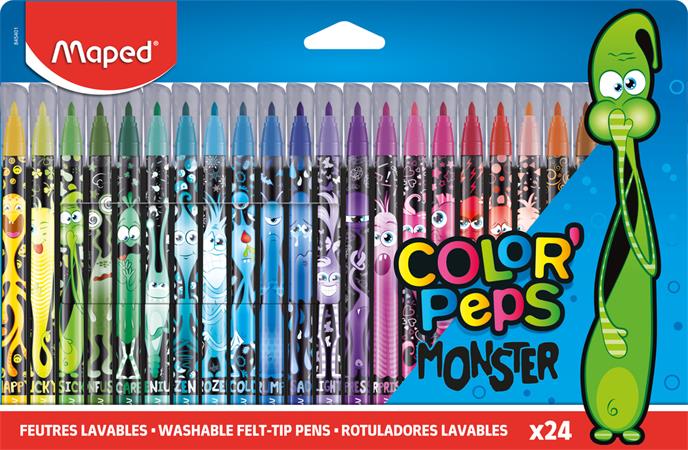 Filctoll készlet, 2,8 mm, kimosható, MAPED Color`Peps Monster 24 különböző szín