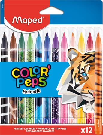Filctoll készlet, 2,8 mm, kimosható, MAPED Color`Peps Animals, 12 különböző szín