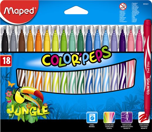 Filctoll készlet, 2,8 mm, kimosható, MAPED Color`Peps Jungle, 18 különböző szín