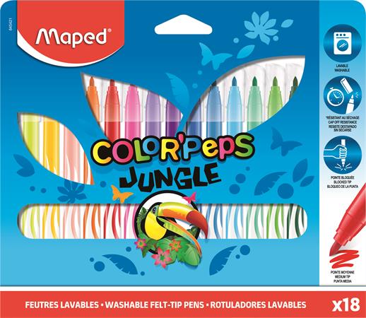 Filctoll készlet, 2,8 mm, kimosható, MAPED Color`Peps Jungle, 18 különböző szín