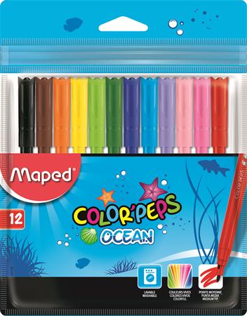 Filctoll készlet, 2 mm, kimosható, MAPED Color`Peps Ocean, 12 különböző szín