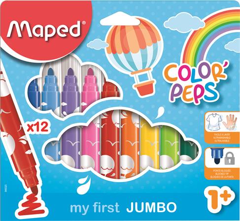 Filctoll készlet, 1-5 mm, kimosható, vastag, MAPED Color`Peps Jumbo, 12 különböző szín