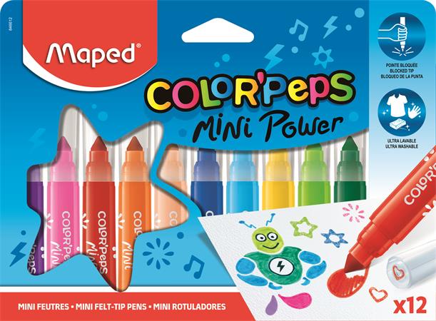 Filctoll készlet, 6,5 mm, kimosható, MAPED Color`Peps Mini Power, 12 különböző szín