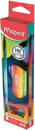 Grafitceruza radírral, HB, háromszögletű, MAPED Black`Peps Energy, 6 különböző minta