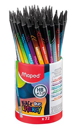 Grafitceruza radírral, ceruzatartó, HB, háromszögletű, MAPED Black`Peps Energy, 6 különböző minta
